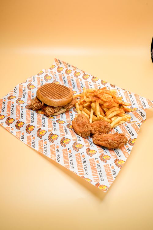 3 Chicken Strips and Burger with Chips Served at Big Mouth Takeaway Coatbridge